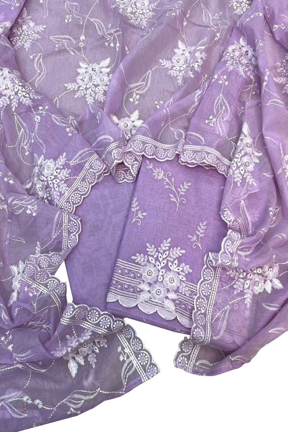 Purple Pure Mal Chanderi Cutwork Three Piece Unstitched Suit Set