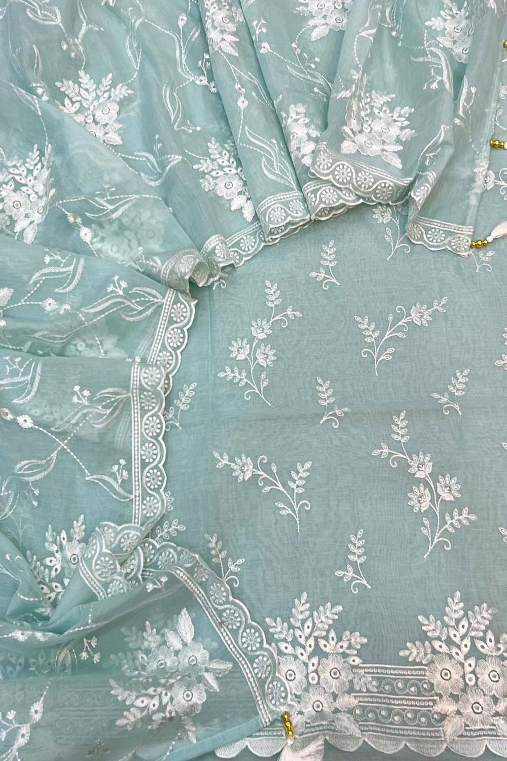 Blue Pure Mal Chanderi Cutwork Three Piece Unstitched Suit Set