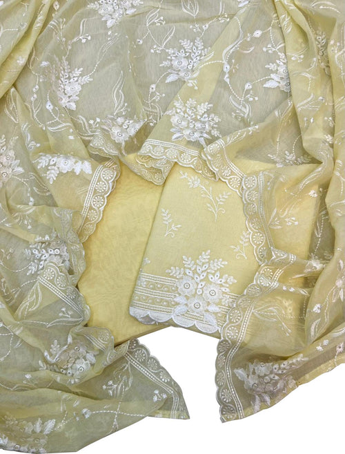 Yellow Pure Mal Chanderi Cutwork Three Piece Unstitched Suit Set