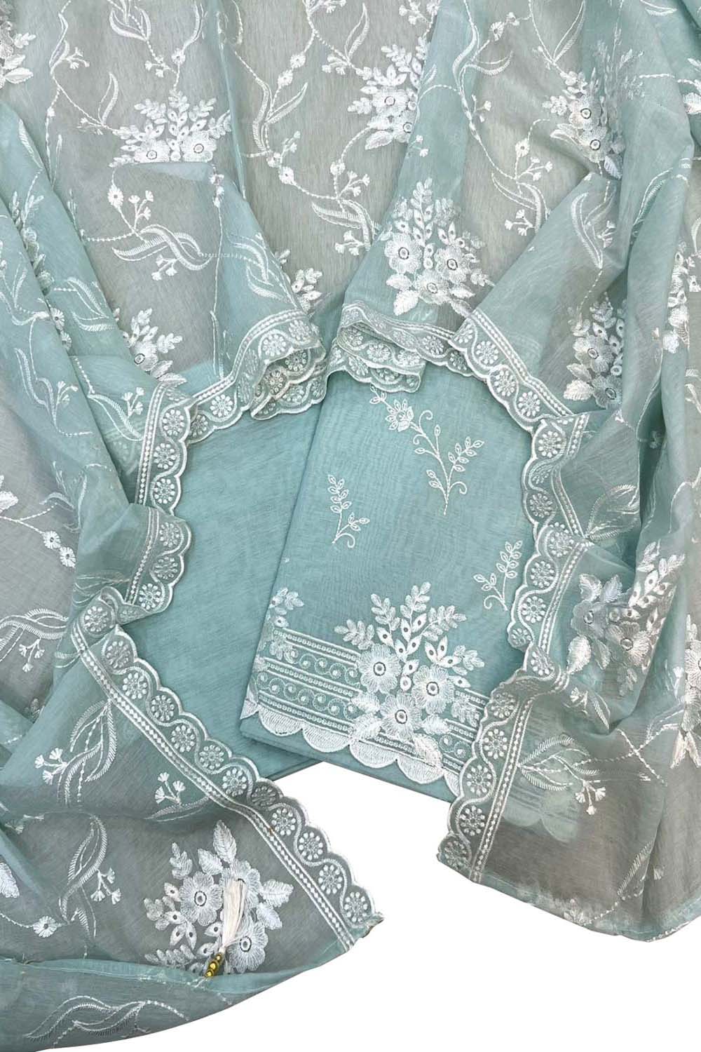 Blue Pure Mal Chanderi Cutwork Three Piece Unstitched Suit Set