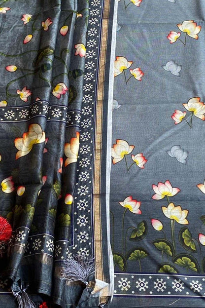 Elegant Grey Banarasi Cotton Suit with Digital Print - Luxurion World