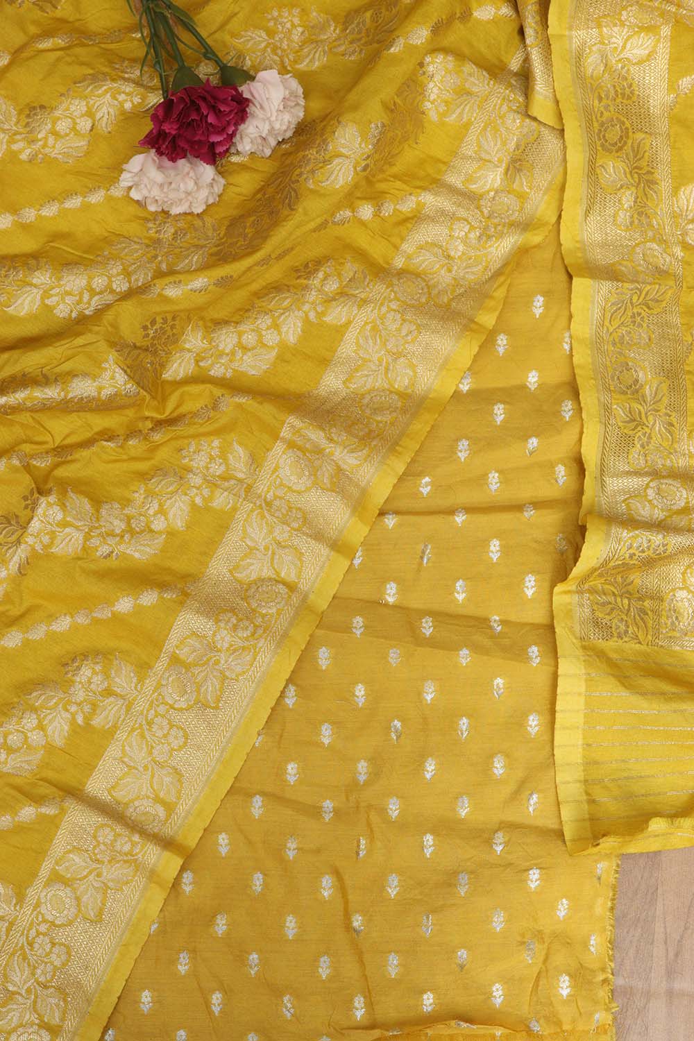 Yellow Banarasi Silk Two Piece Unstitched Suit Set - Luxurion World