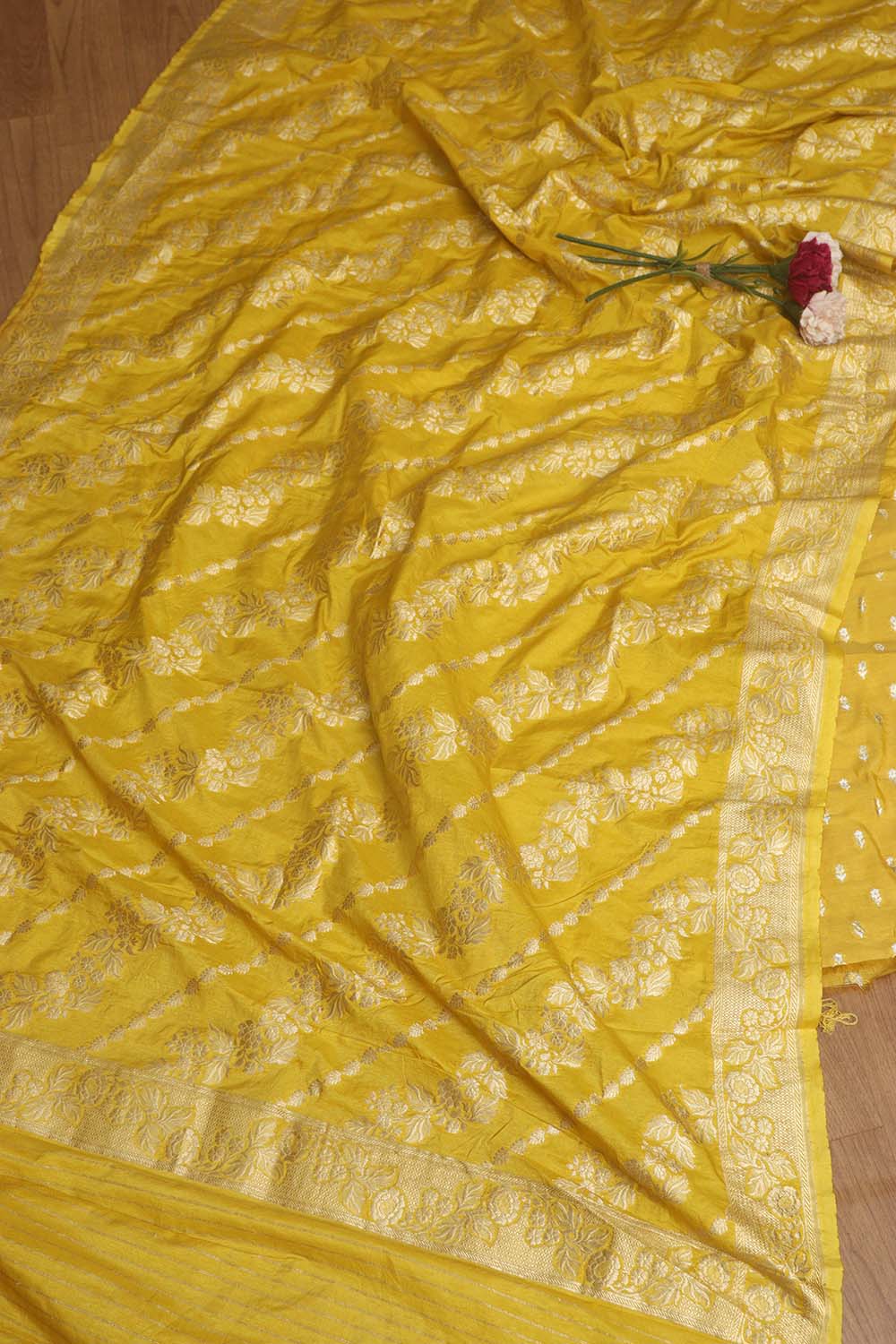 Yellow Banarasi Silk Two Piece Unstitched Suit Set - Luxurion World
