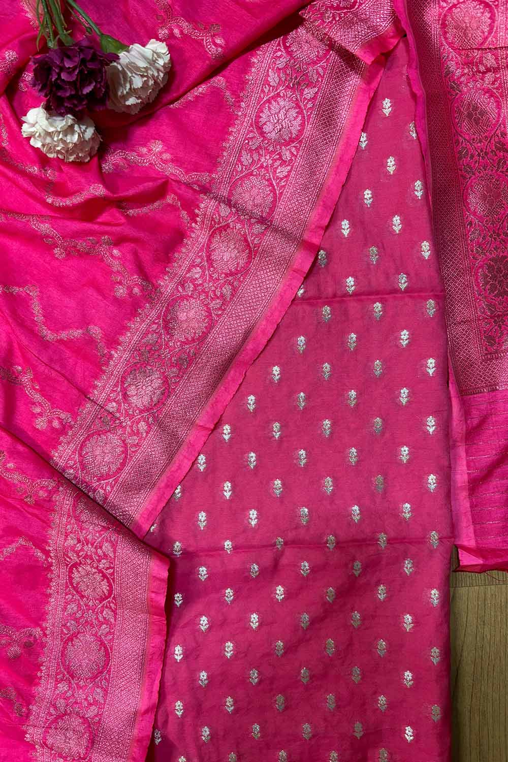 Pretty in Pink: Banarasi Silk Two Piece Unstitched Suit Set - Luxurion World
