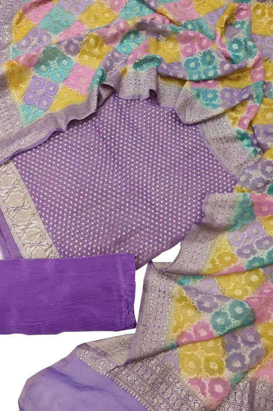 Exquisite Purple Banarasi Handloom Brush Dye Pure Georgette Three Piece Unstitched Suit Set - Luxurion World