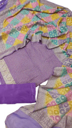 Exquisite Purple Banarasi Handloom Brush Dye Pure Georgette Three Piece Unstitched Suit Set - Luxurion World