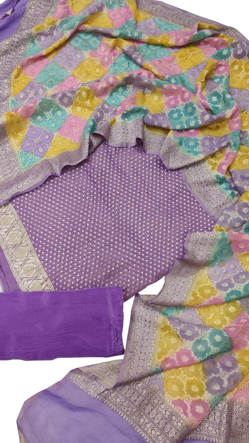 Exquisite Purple Banarasi Handloom Brush Dye Pure Georgette Three Piece Unstitched Suit Set - Luxurion World