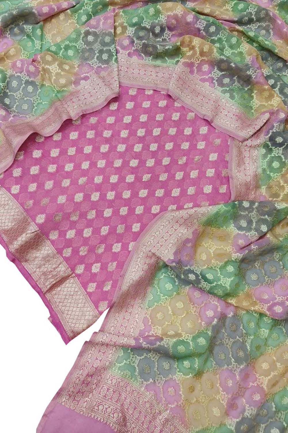 Pink Banarasi Handloom Brush Dye Pure Georgette Three Piece Unstitched Suit Set - Luxurion World