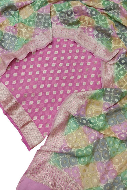 Pink Banarasi Handloom Brush Dye Pure Georgette Three Piece Unstitched Suit Set - Luxurion World