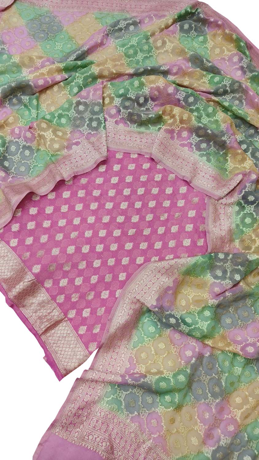 Pink Banarasi Handloom Brush Dye Pure Georgette Three Piece Unstitched Suit Set - Luxurion World