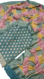 Blue Banarasi Handloom Brush Dye Pure Georgette Three Piece Unstitched Suit Set - Luxurion World