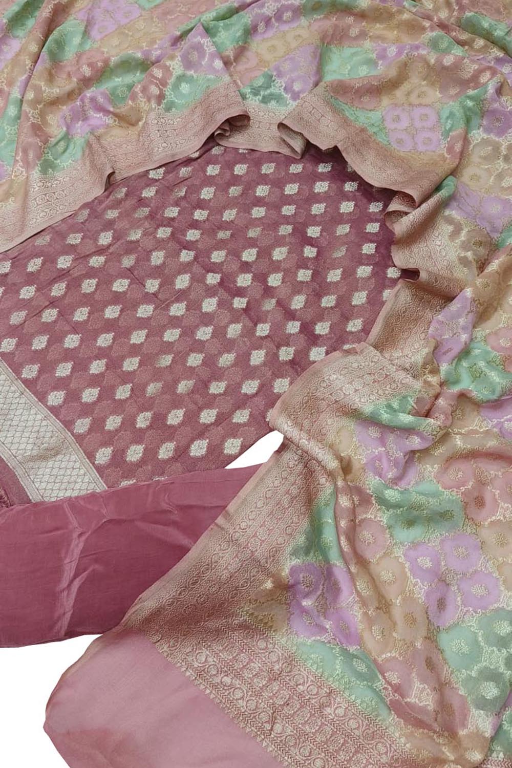 Pink Banarasi Handloom Brush Dye Pure Georgette Three Piece Unstitched Suit Set - Luxurion World