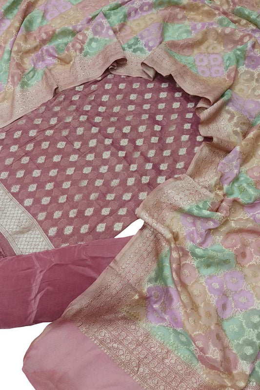 Pink Banarasi Handloom Brush Dye Pure Georgette Three Piece Unstitched Suit Set - Luxurion World