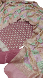 Pink Banarasi Handloom Brush Dye Pure Georgette Three Piece Unstitched Suit Set - Luxurion World