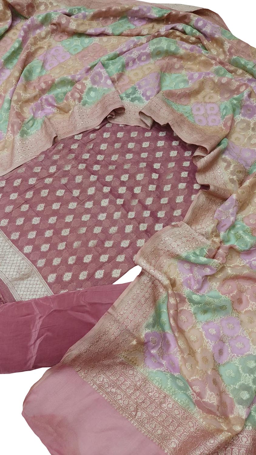 Pink Banarasi Handloom Brush Dye Pure Georgette Three Piece Unstitched Suit Set - Luxurion World