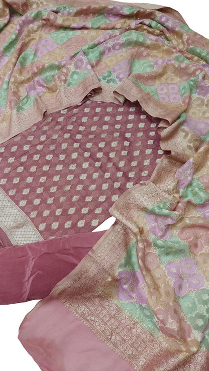 Pink Banarasi Handloom Brush Dye Pure Georgette Three Piece Unstitched Suit Set - Luxurion World