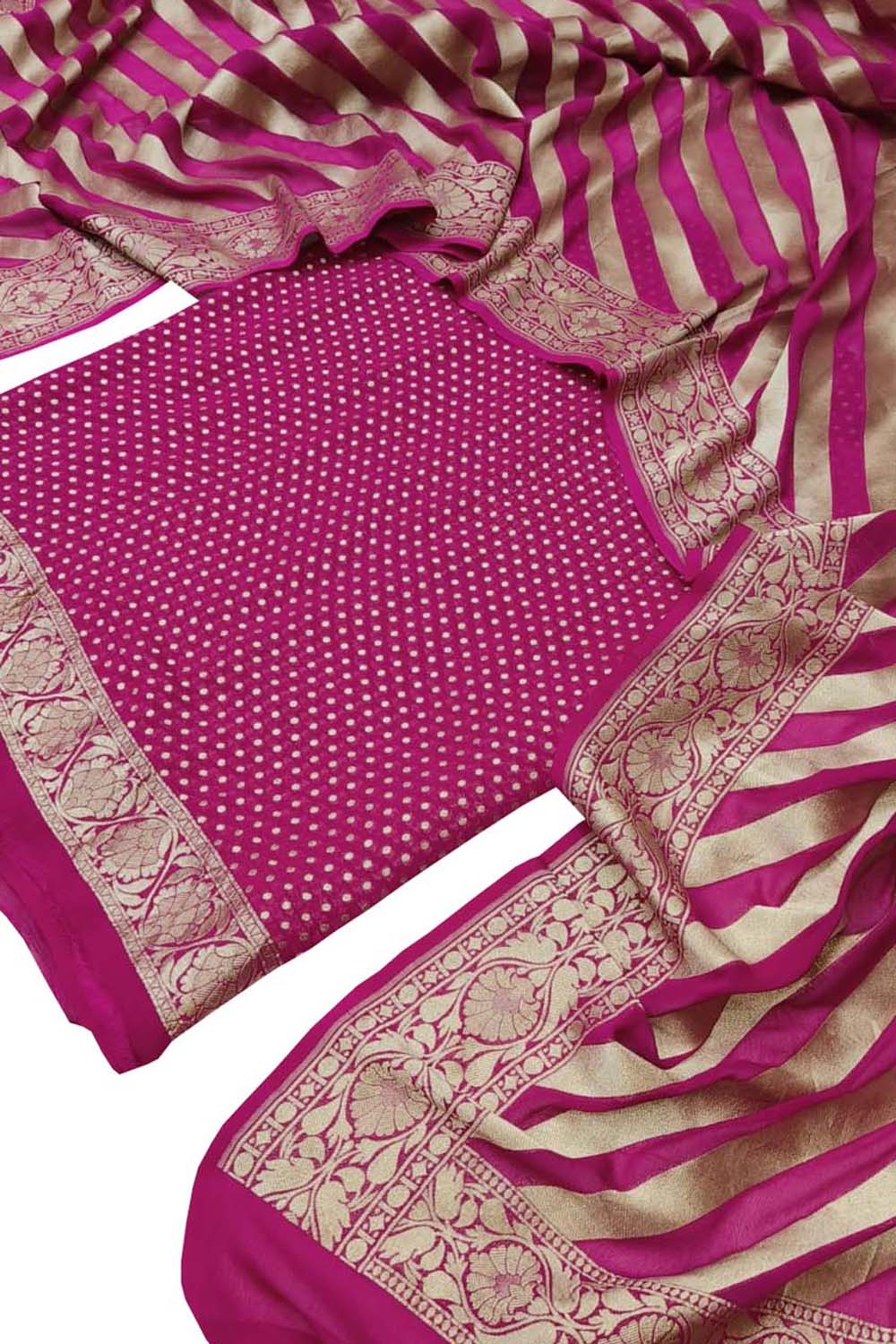 Pretty in Pink: Banarasi Handloom Pure Georgette Three Piece Unstitched Suit Set - Luxurion World