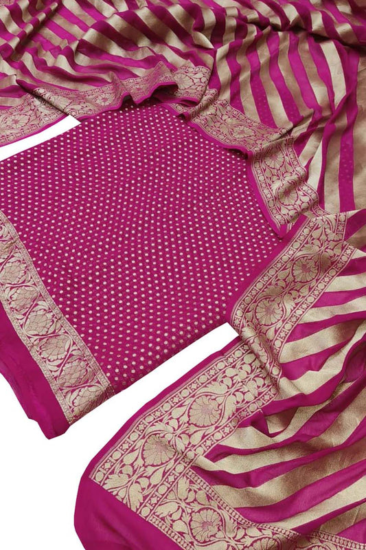 Pretty in Pink: Banarasi Handloom Pure Georgette Three Piece Unstitched Suit Set - Luxurion World