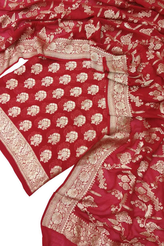 Red Banarasi Handloom Pure Georgette Three Piece Unstitched Suit Set - Luxurion World