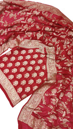 Red Banarasi Handloom Pure Georgette Three Piece Unstitched Suit Set - Luxurion World
