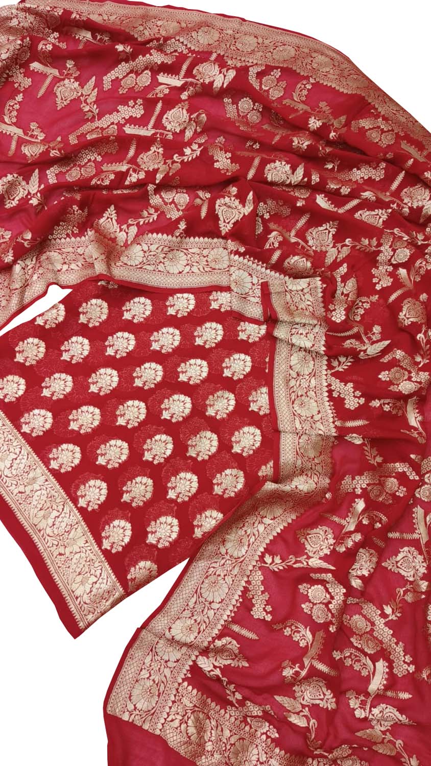 Red Banarasi Handloom Pure Georgette Three Piece Unstitched Suit Set - Luxurion World