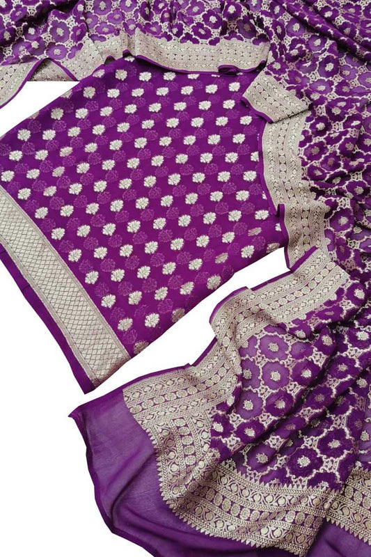 Elegant Purple Banarasi Handloom Pure Georgette Three Piece Unstitched Suit Set - Luxurion World