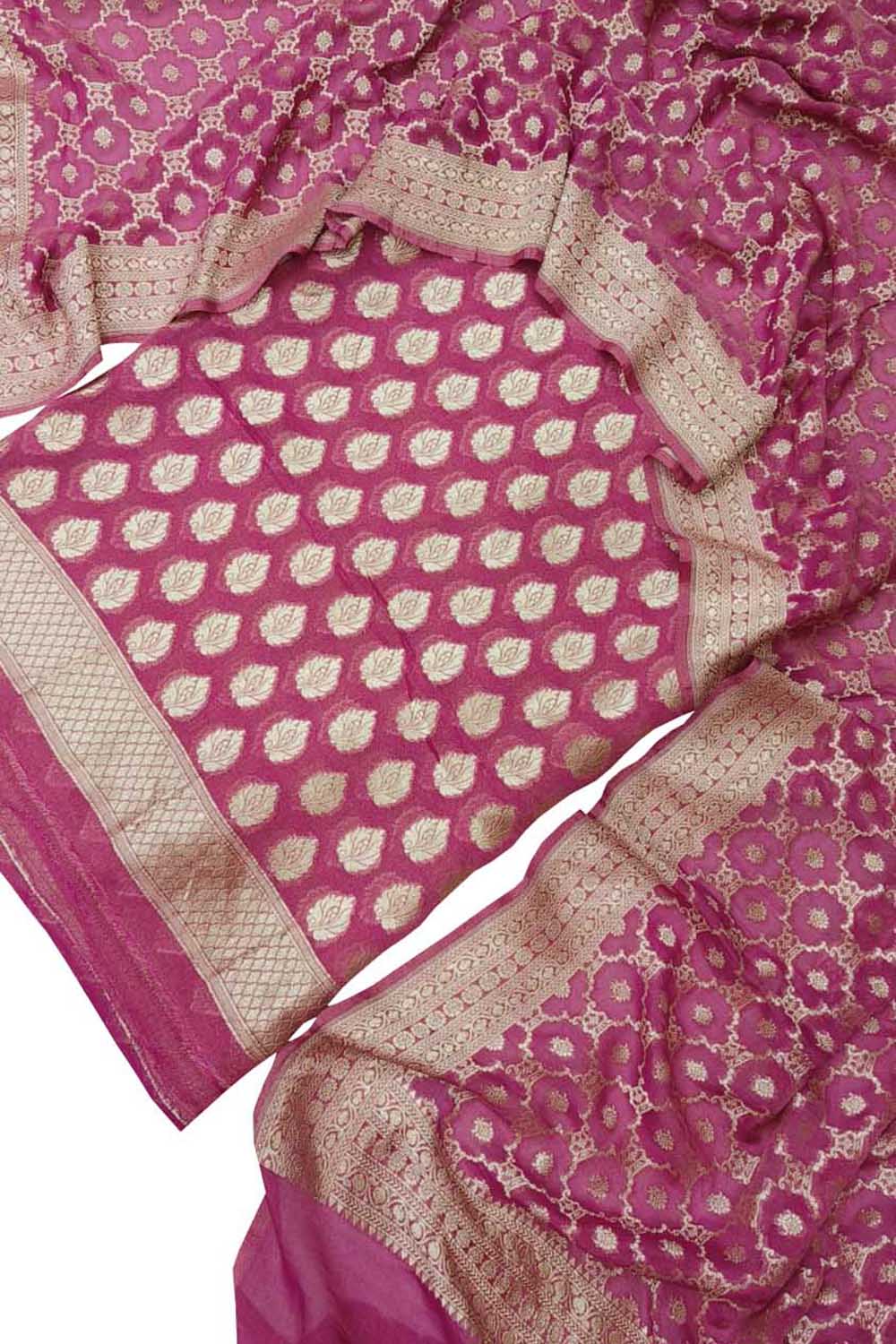Stunning Pink Banarasi Handloom Pure Georgette Three Piece Unstitched Suit Set - Luxurion World