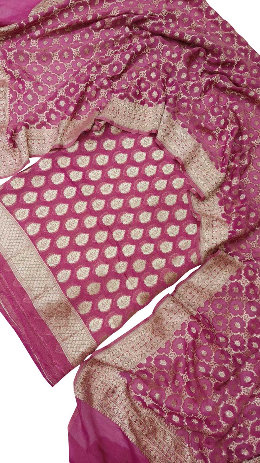 Stunning Pink Banarasi Handloom Pure Georgette Three Piece Unstitched Suit Set - Luxurion World