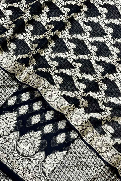Black Banarasi Cotton Three Piece Unstitched Suit Set