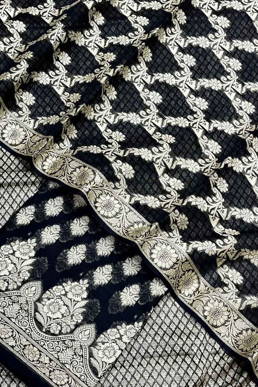 Black Banarasi Cotton Three Piece Unstitched Suit Set - Luxurion World