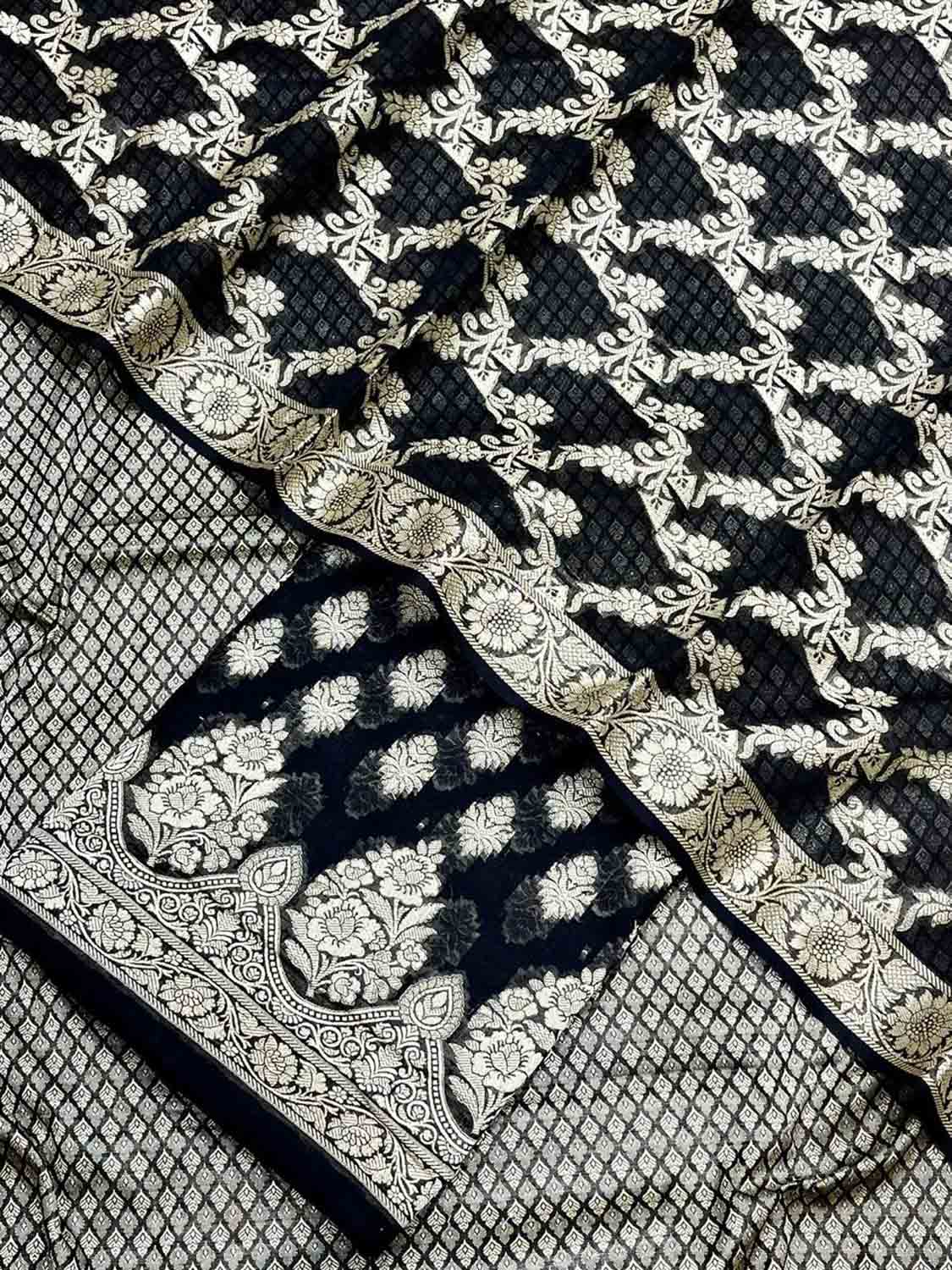 Black Banarasi Cotton Three Piece Unstitched Suit Set - Luxurion World