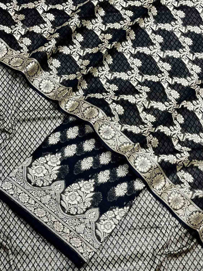 Black Banarasi Cotton Three Piece Unstitched Suit Set - Luxurion World