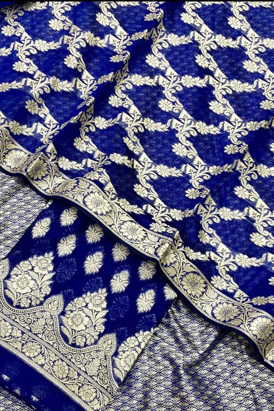 Blue Banarasi Cotton Three Piece Unstitched Suit Set - Luxurion World