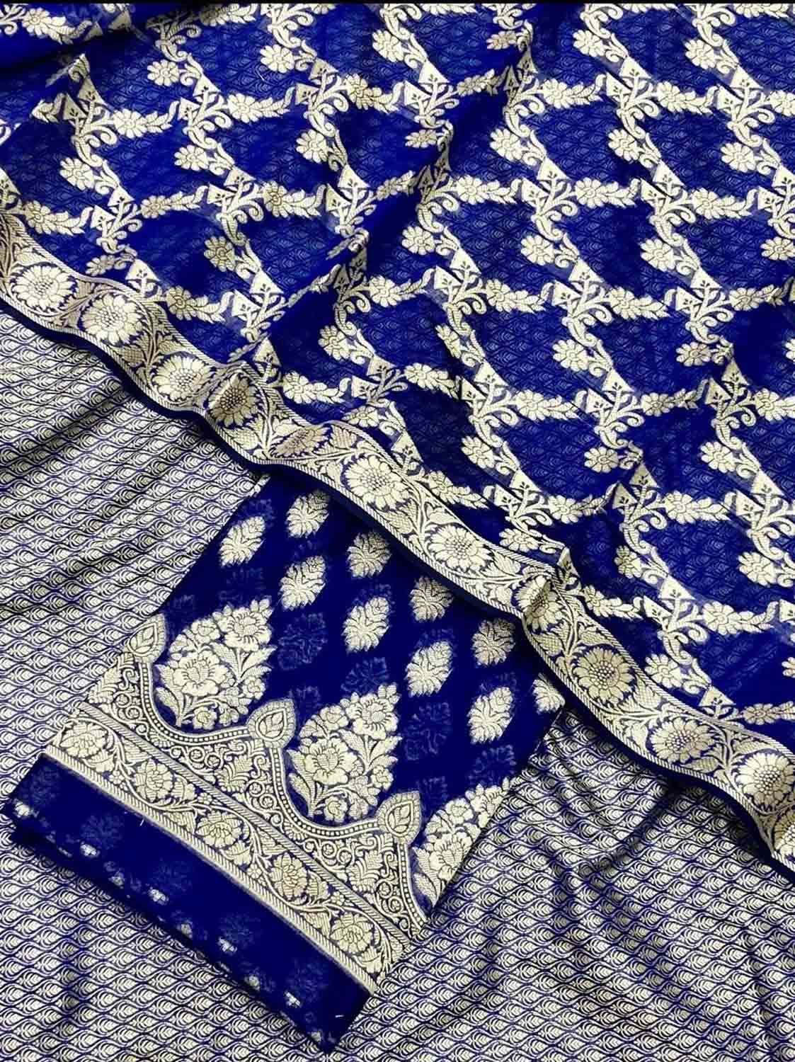 Blue Banarasi Cotton Three Piece Unstitched Suit Set - Luxurion World