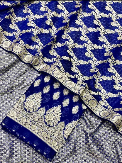 Blue Banarasi Cotton Three Piece Unstitched Suit Set - Luxurion World
