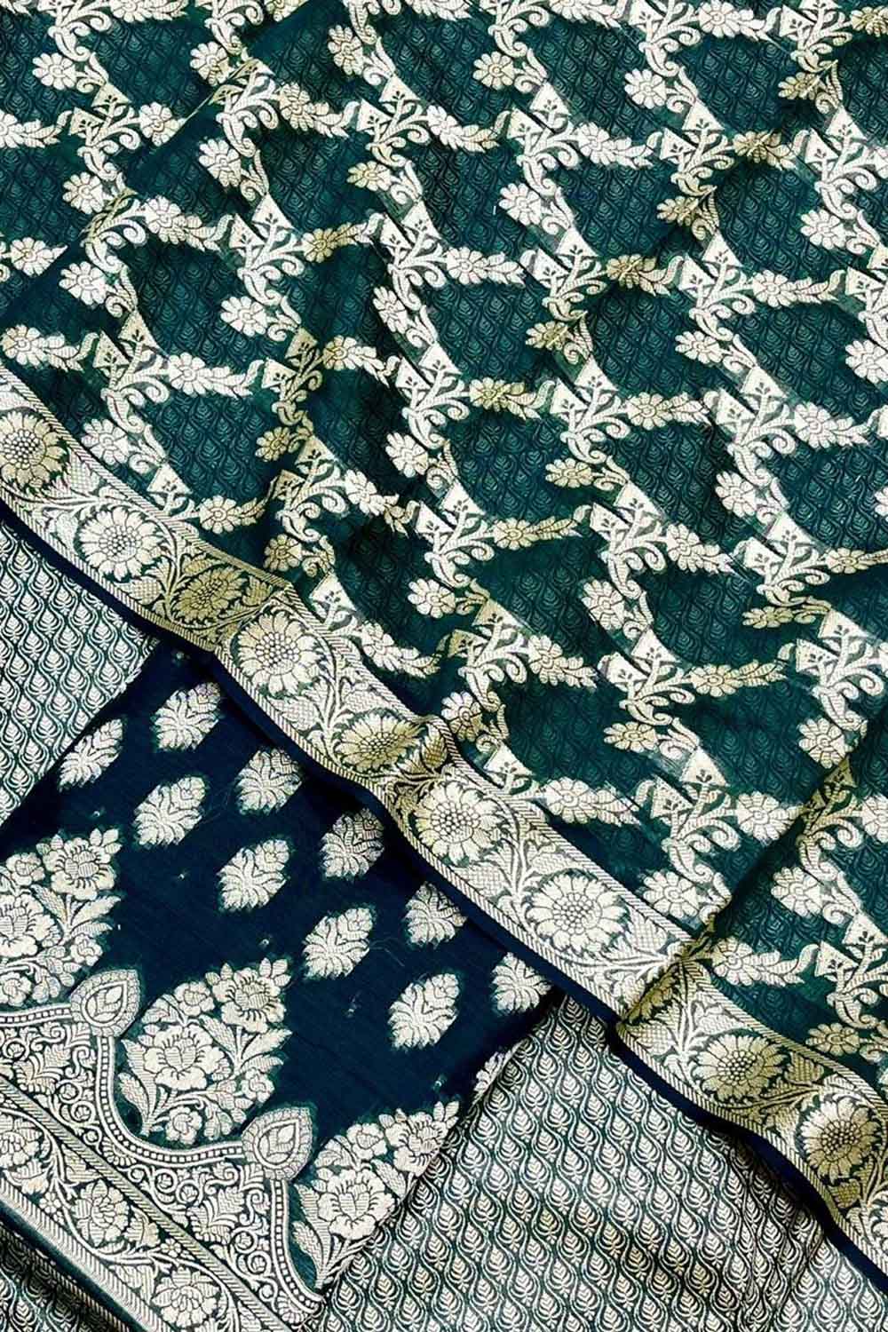 Green Banarasi Cotton Three Piece Unstitched Suit Set - Luxurion World