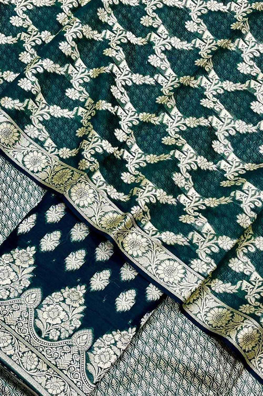 Green Banarasi Cotton Three Piece Unstitched Suit Set - Luxurion World