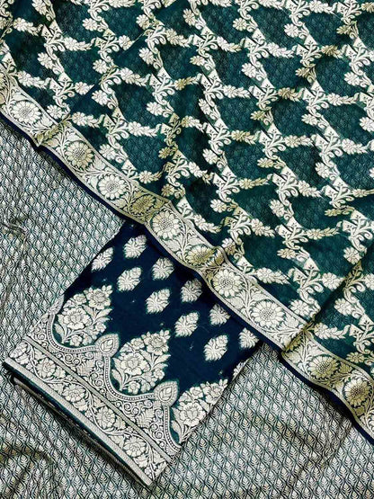 Green Banarasi Cotton Three Piece Unstitched Suit Set - Luxurion World