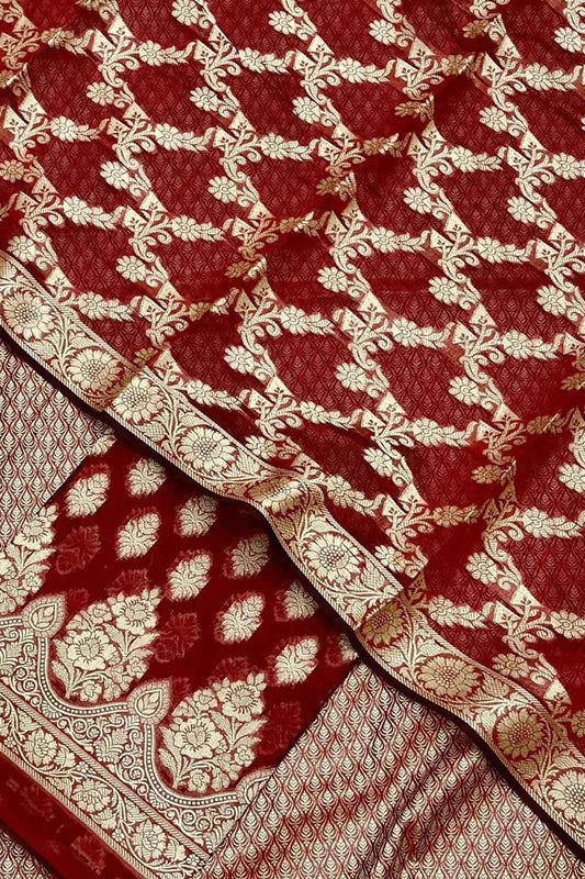 Red Banarasi Cotton Three Piece Unstitched Suit Set - Luxurion World