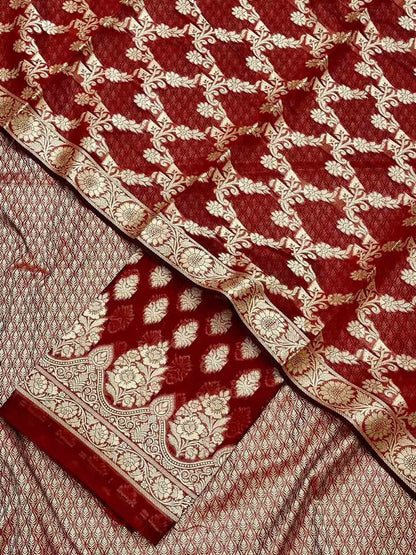 Red Banarasi Cotton Three Piece Unstitched Suit Set - Luxurion World
