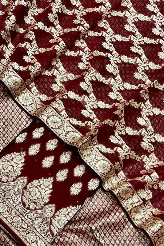 Maroon Banarasi Cotton Three Piece Unstitched Suit Set