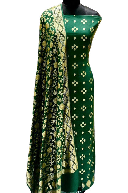 Exquisite Green Banarasi Silk Suit Set - Unstitched - Luxurion World
