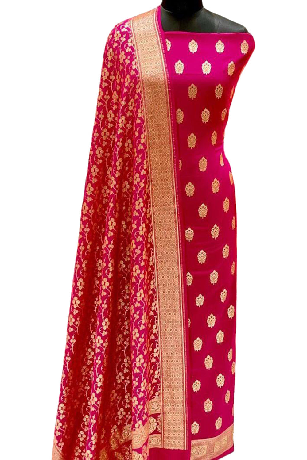 Exquisite Pink Banarasi Silk Suit Set - Unstitched - Luxurion World