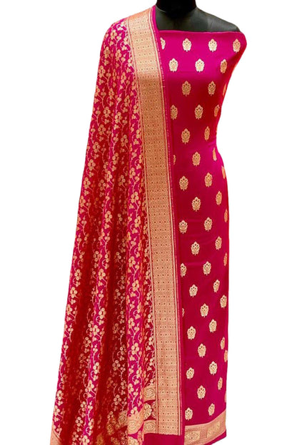Exquisite Pink Banarasi Silk Suit Set - Unstitched - Luxurion World
