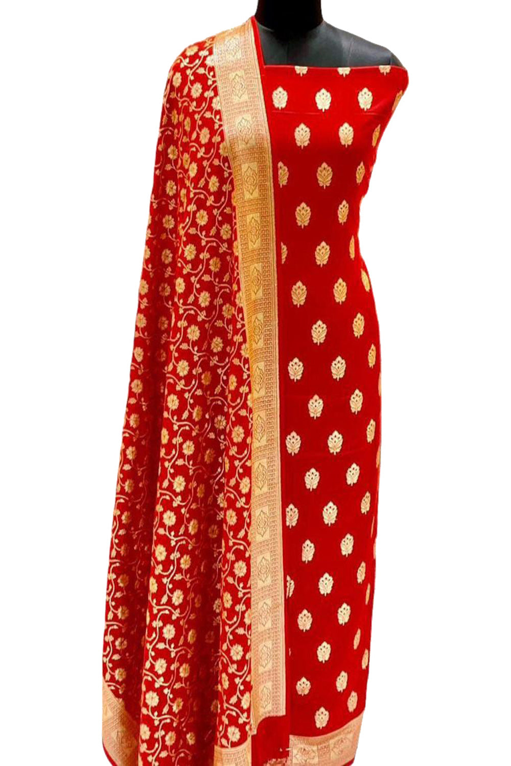 Stunning Red Banarasi Silk Suit Set - Luxurion World
