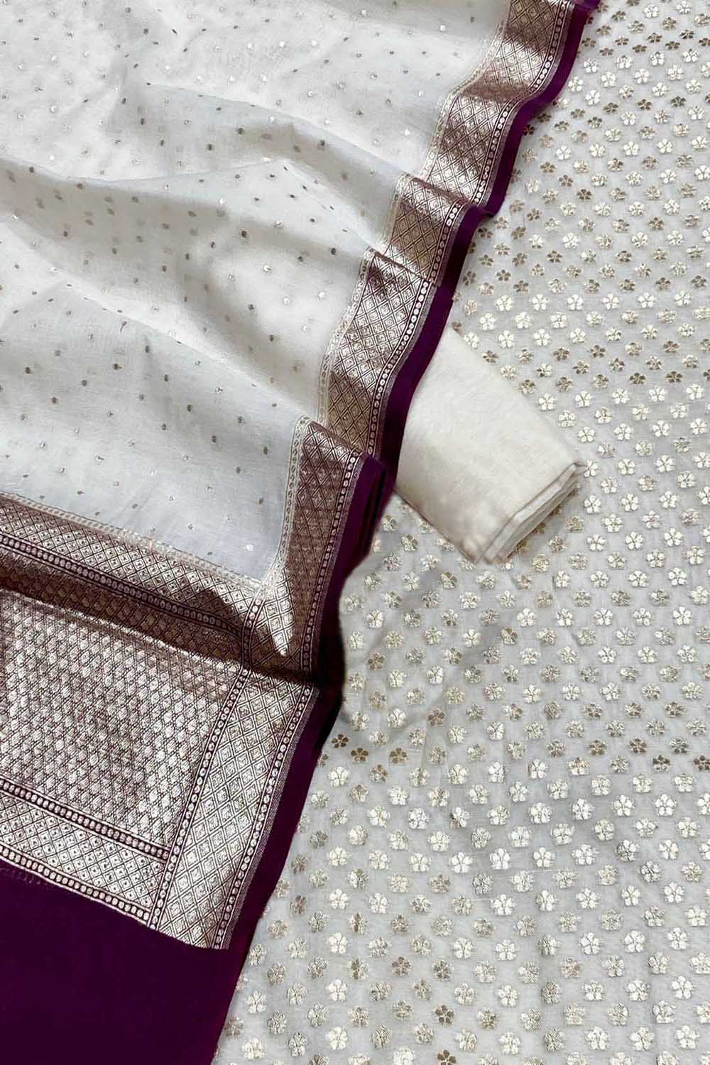 Elegant Off White Banarasi Chanderi Silk Suit Set - Luxurion World