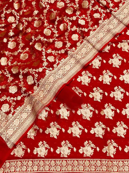 Red Banarasi Georgette Suit Set - Handloom Pure Elegance - Luxurion World