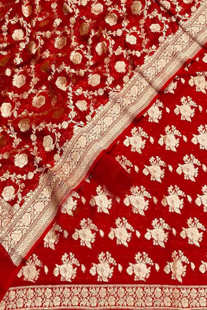 Red Banarasi Georgette Suit Set - Handloom Pure Elegance - Luxurion World
