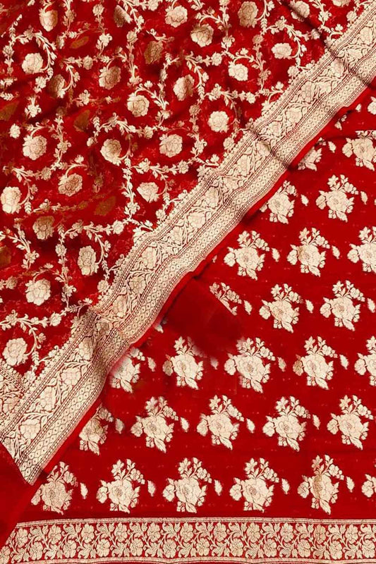 Red Banarasi Georgette Suit Set - Handloom Pure Elegance - Luxurion World