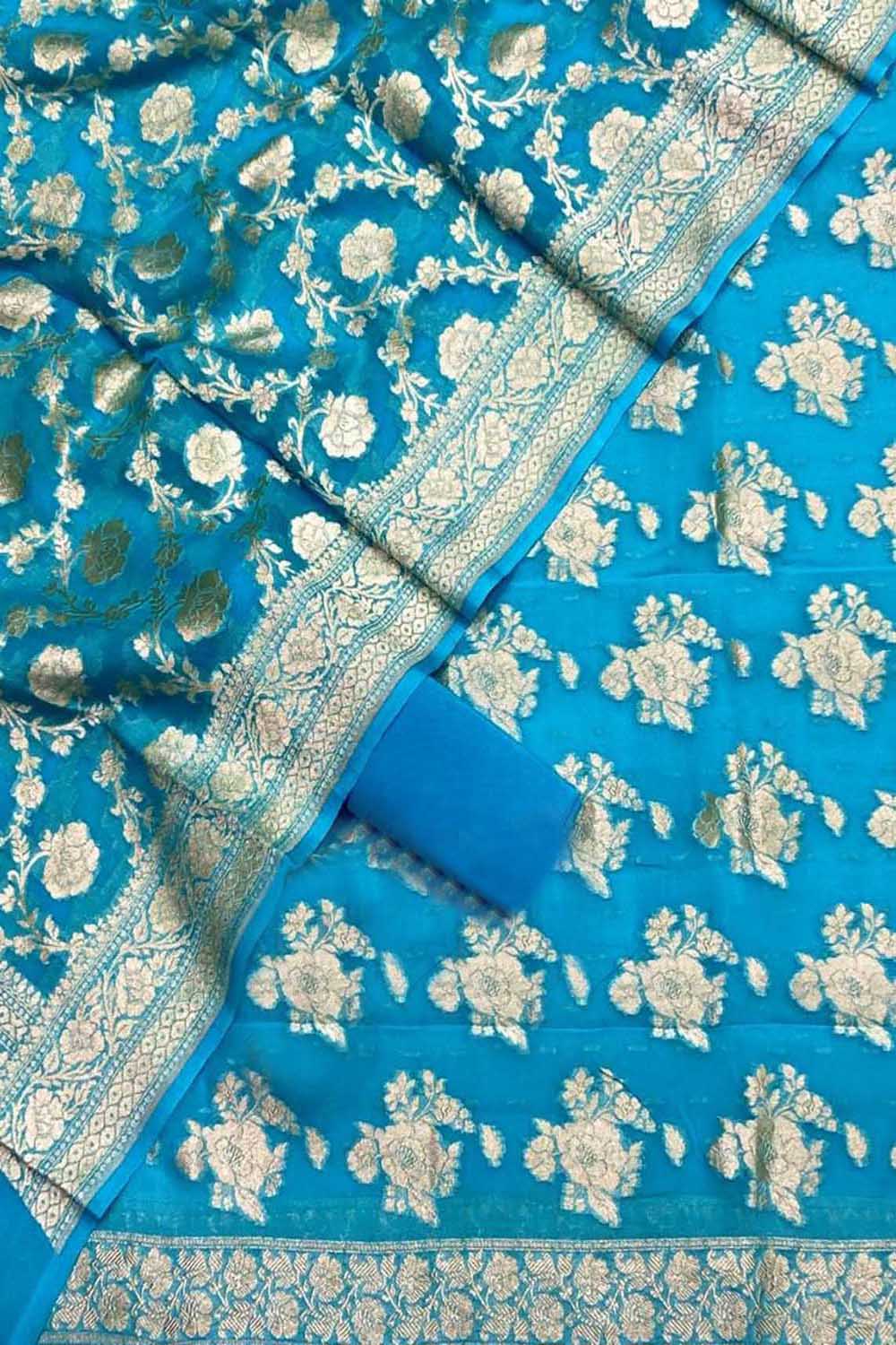 Blue Banarasi Georgette Suit Set - Handloom Pure Elegance - Luxurion World